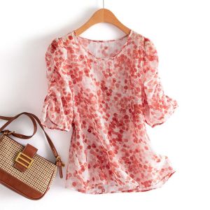 สุยแวร์ชีฟองลายดอกไม้สำหรับผู้หญิง เสื้อแฟชั่นแขนแขนสั้นคอกลมใหม่สำหรับฤดูร้อน