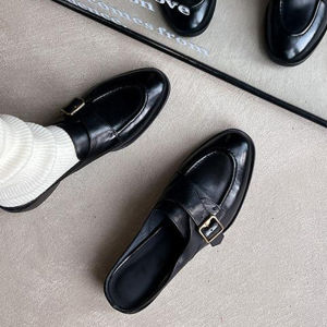 French Vintage round Head Thick Heel Womens Slip-On Mules Leather Version Half Slippers Casual Comfortable Rubber Outsole