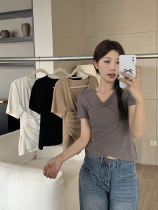 plus Size Asymmetrical Short Sleeve T-Shirt Womens V-Neck Top Korean Style Commute Pure Color Summer Fashion Design