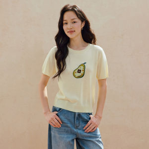 INMAN | Linen Lyocell Fruit Embroidery Lightweight Knitted Short Sleeve Top