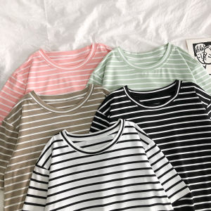 Womens Solid Color Striped Punk T-Shirt O-Neck Casual Fit Cotton Blend Thin Sleeve Seven-Quarter Length Spring Wear