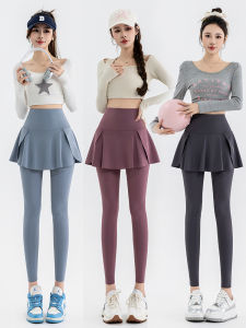 Fashionable Fake Two-Piece High-Waisted Yoga Leggings Skirt Womens Sporty Bottom Belly Slimming Large Size Pocket Skirt Pants
