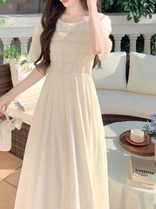 French Initial Gentle White Dress Women Summer plus Size Elegant Long Skirt A-Line High Waist Short Sleeve round Neck Dress