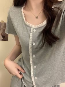 Summer Short Sleeve Pure Cotton Nightgown Womens Home Clothes Set with Lace Trim Grey Open Cardigan Sweet Style Sleepwear