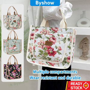Byshow Floral Print Lunch Bag for women with zipper Large Capacity cooler bag piknik Thickened Thermal Insulation Waterproof canvas Beg big insulated bento bag