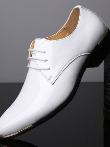 New Fashionable Mens Leather Shoes Glossy Business Casual Shoes White Formal Hair Salon Shoes Pointed Toe Rubber Bottom
