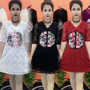 New Chinese Style Embroidered Lace Dress Fashionable Versatile V-Neck Midi Skirt Belly Concealing Slimming A-Line Skirt