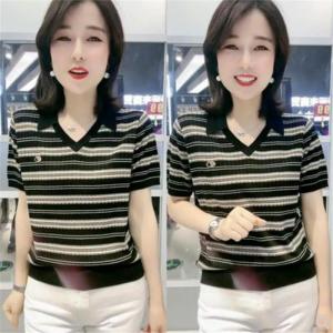 Loose Fit Pure Cotton Striped T-Shirt Womens Short Sleeve Base Shirt Summer plus Size Casual Top Slimming Effectiveness