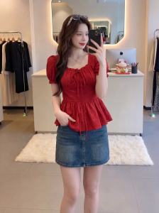 AIYITI | French Lace Red Square Neck Short Sleeve Shirt Plus Size Waist-cinching