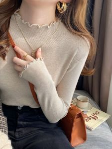 เสื้อเชิ้ตคอปกสูงครึ่งตัวสำหรับผู้หญิงในฤดูใบไม้ร่วงและฤดูหนาว เสื้อสเวตเตอร์ถักแบบสวมหัว แขนยาว สไตล์เกาหลี คอกลม สีสันสดใส