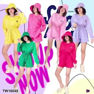 TW16049 Set 3 ชิ้น เสื้อแขนยาวจั๊มแขน+กางเกงขาสั้น+หมวกบักเกต