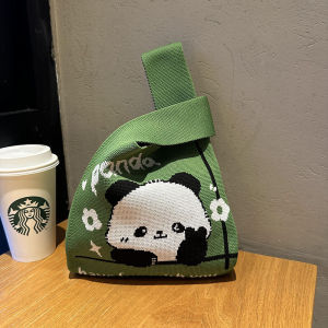 Hand Knitted Panda Tote Bag Wristlet Handbag Small Carryall Soft Polyester Fabric Chinese Style Casual Fashion Handbag