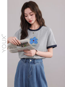 YOUXIANG | Áo Thun Nữ Vintage In Hoa Xám Patchwork