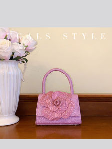 Shiny Pink Water Diamond Rose Flower Flip Cover Saddle Bag Clutch Crossbody Bag for Banquet UGALS Elegant Lady Handbag