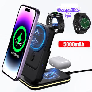ZUZG Universal Foldable 3-IN-1 Wireless Charger with 5000mAh Battery Bank Fast Charger Stand Mag-Safe Portable for iPhone 16/15/14/13/12 Series for All Apple Watch and Galaxy Watch  for AirPods Galaxy Buds