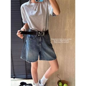 QIANCHANGNAAI | Retro Deep Blue High Waist A-Line Loose Denim Shorts