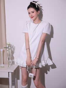 ZLY Summer New Womens Dress round Neck H-Line Diamond-Studded Short Sleeve Sweet Style White Lace Trim Slimming Effect