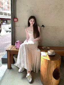 French Floral Print Strapless Dress Womens Summer New Design Belted Waist Slimming White Fairy Long Skirt Korean Style A-Line Dress