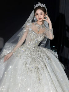 ชุดแต่งงานสไตล์ฝรั่งเศส ทรงหลวม แขนยาว กระโปรงทรงเอ ผ้าฝ้ายผสมโพลีเอสเตอร์ ชุดราตรีสุดหรูหรา สำหรับผู้หญิงไซส์ใหญ่