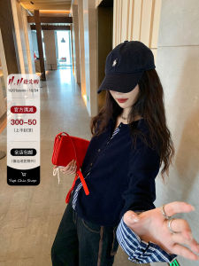 Wild Brother Short Spliced Knitted Cardigan Womens Slim Fit Spring Miu Series Color Block Sweater Jacket Korean Style Long Sleeve