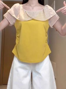 WANGGONGZHU | Shoulder Bared Color Block Short Sleeve T Shirt Women Summer New Style Gentle Fashion Irregular Conceal Meat Top Korean Version