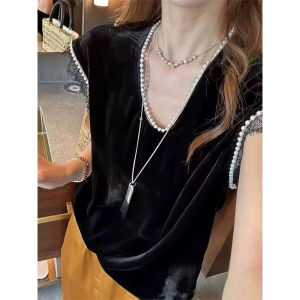 Shalldoer | เสื้อเชิ้ตแขนกุดลูกไม้หนักสำหรับผู้หญิง ฤดูร้อน 2025 เสื้อเชิ้ตคอวีแขนสั้นสีพื้นแบบลำลอง ทรงหลวม ใส่ได้หลายโอกาส