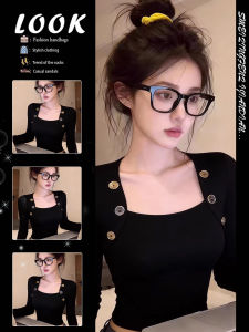Black Square Neck Long Sleeve T-Shirt