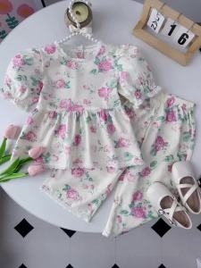227Bear Leader Summer 2024 New Korean Version Baby Clothing Girls Suit Floral Short-sleeved Bubble Sleeve Shirt   Wide-legged Pants 2Pcs Sets Outfits for Kids Clothes