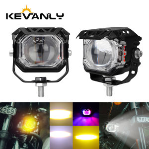 KEVANLY | 1x Motorcycle LED 3lines Spotlight 4Modes Red Blue Strobe with Mini Lens White Yellow Hi/Low Beam for SUV ATV RV Work Light 12V