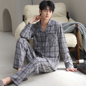Miiow | Mens Pure Cotton Long Sleeve Sleepwear Set Loose Fit Home Clothes Large Size Outerwear Catman Casual Comfortable Breathable