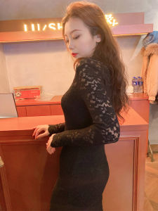 ชุดเดรสตัวในเดรสลูกไม้สีดำคอปาดฉลุลายไซส์ใหญ่เซ็กซี่ใส่ด้านในสำหรับสาวอวบเดรสสีดำดูแพง