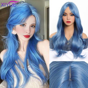Mái Tóc Giả Tổng Hợp Màu Xanh Biển 22 Inch Mái Chia Giữa Tóc Dài Tự Nhiên Uốn Sóng Dành Cho Nữ Cosplay Drag Queen Dự Tiệc Chất Liệu Sợi Chịu Nhiệt Cao