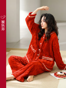 Home Comfort Womens Coral Fleece Pajamas Thickened Winter Home Clothes Long Sleeve round Neck Button Decorative Sleepwear
