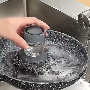 Dish Washing Brush Short Handle Emery Magic Sponge Brush Kitchen Decontamination Cleaning Copper Wire Scrubber with Press Soap Dispenser