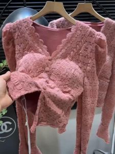 Short French Style Lace Shirt V-Neck Womens Inner Wear Fleece Lined Base Layer Top for Autumn Winter Commute Regular Fit Long Sleeve