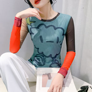 Rehin cổ tròn dài tay áo lưới in độc đáo t-thanh lịch & thoải mái Mùa Thu/Mùa Đông của phụ nữ hàng đầu