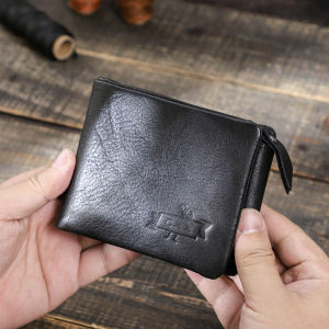 Hiram Genuine Leather Short Wallets for Men Vintage Slim Trifold Card Holders Money Clips Zipper CoinPurses Free Name Engraving Wallets