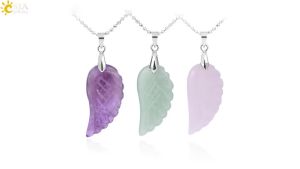 Natural Stone Angel Wing Necklaces Pendants Amethysts Rock Crystal Black Obsidian Opal Green Aventurine Red Agate Jewelry E768