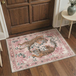 VIKAMA Vintage Pink Tiger Floral Doormat Non Slip Washable Entrance Floor Rug Front Door Entryway Farmhouse Home Decor