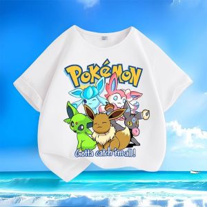 Bandai | Cartoon Childrens Pure Cotton T-Shirt Eevee Pokémon New Summer Style Round Neck Printed Short Sleeve Suitable Boys and Girls
