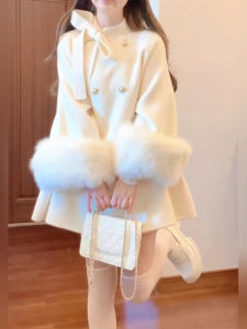 Large Size French Style White Woolen Coat Womens Autumn Winter High End Feeling Medium Length Tweed Cloak Coat