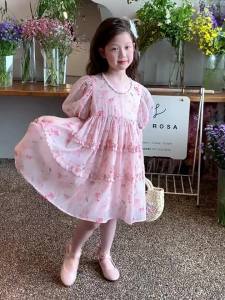 comitomi | Stylish Floral Princess Dress Short Sleeve Puff Sleeve Girls Dress