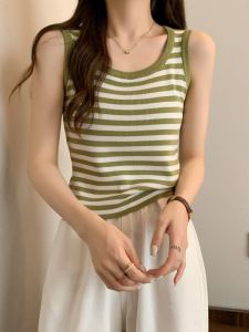 Áo Ba Lỗ Dệt Kim Kẻ Sọc Cỡ Lớn Mùa Hè Mới Về Áo Lót Bên Trong Che Phủ Giúp Thon Gọn Áo Sơ Mi Ngắn Dáng Ôm