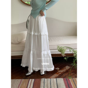 Korean Style Half Skirt with Big Hem Satin Lace Splicing Wooden Edge Ear Flounce Long Fairy Cake Skirt High Waist Polyester Fiber