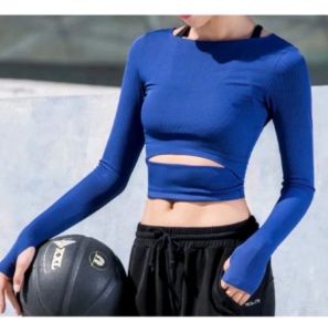 Atasan Crop Lubang Jari untuk senam gym fitness zumba wanita