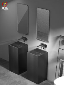 Square Stainless Steel Pedestal Basin Bar Floor Type Integrated Wash Basin Bathroom Black Column Type Washbasin