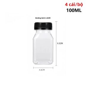 Bộ 4 Chai Nhựa Trong Suốt Đựng Nước Ép 100ML & 150ML Có Nắp Chống Giả Mạo Hình Vuông Dùng Đựng Sữa Đồ Uống Tại Nhà