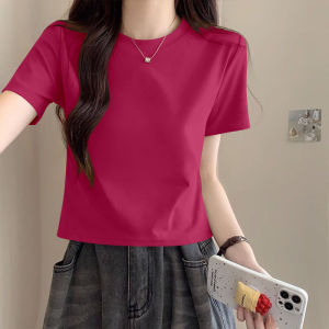 LINGLONGDAI | Pink Short Sleeve Pure Cotton Round Neck T-Shirt Women Summer Slim Fit Short Length Shoulder Appropriate Casual Top Tee