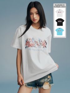MEDM | Cherry Blossom Embroidered Letter Print Casual T-Shirt Short Sleeve