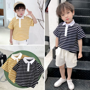 เสื้อโปโลคอโปโลแขนสั้นผ้าฝ้ายแท้สำหรับเด็กชาย ลายทาง ทรงหลวม ใส่สบาย ทนทาน ระบายอากาศได้ดี ฤดูร้อน 3 ปี จีนแผ่นดินใหญ่